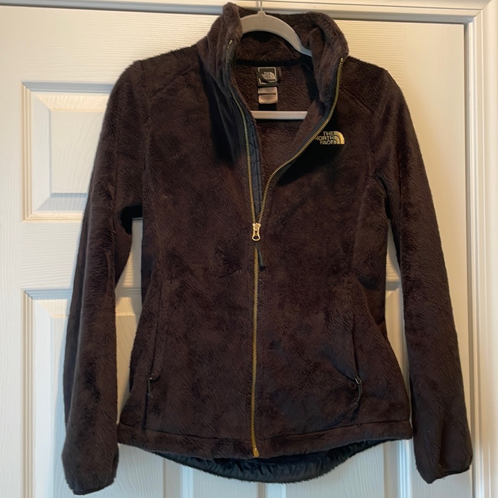 Fuzzy black and gold detail North face jacket